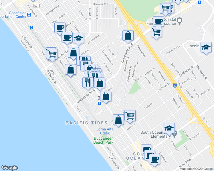 map of restaurants, bars, coffee shops, grocery stores, and more near 707 Oceanside Boulevard in Oceanside