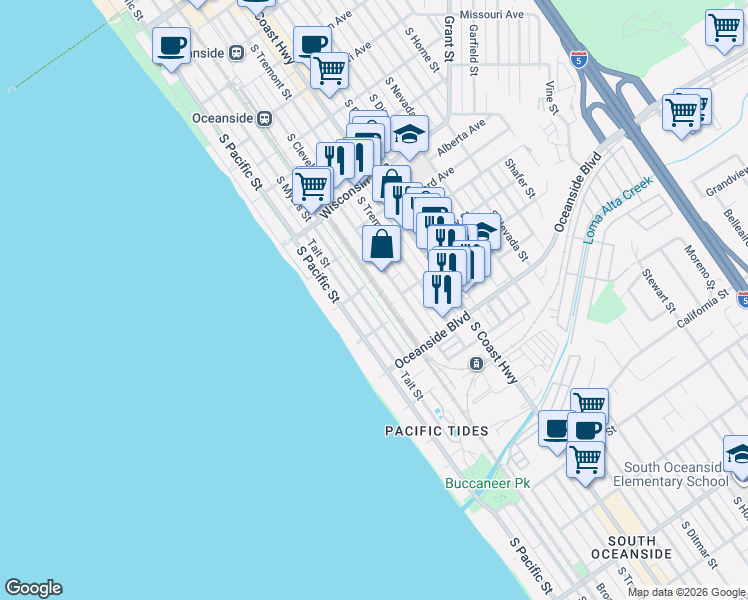 map of restaurants, bars, coffee shops, grocery stores, and more near 1006 South Myers Street in Oceanside
