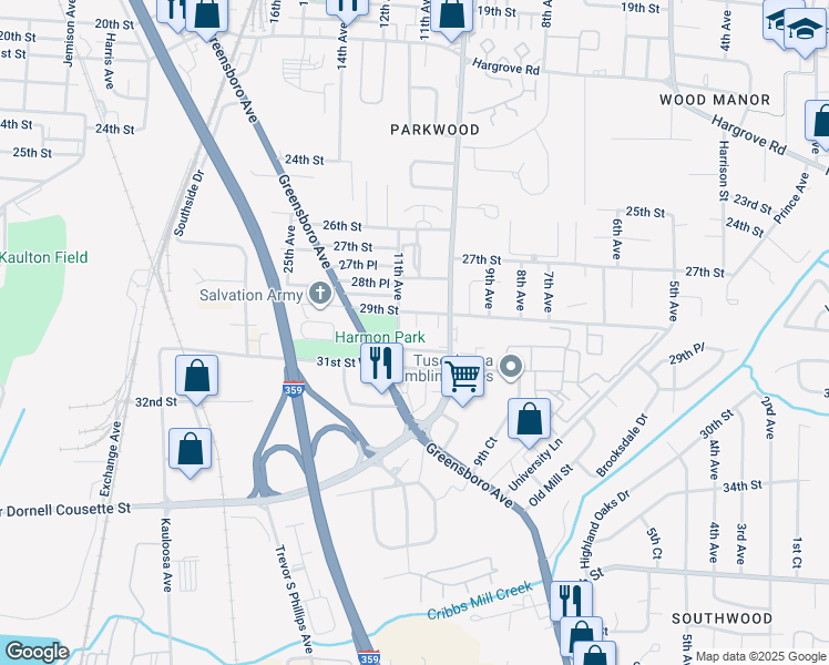 map of restaurants, bars, coffee shops, grocery stores, and more near 1031 29th Street in Tuscaloosa