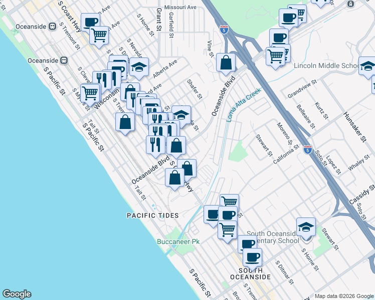 map of restaurants, bars, coffee shops, grocery stores, and more near 1212 Mitchell Street in Oceanside