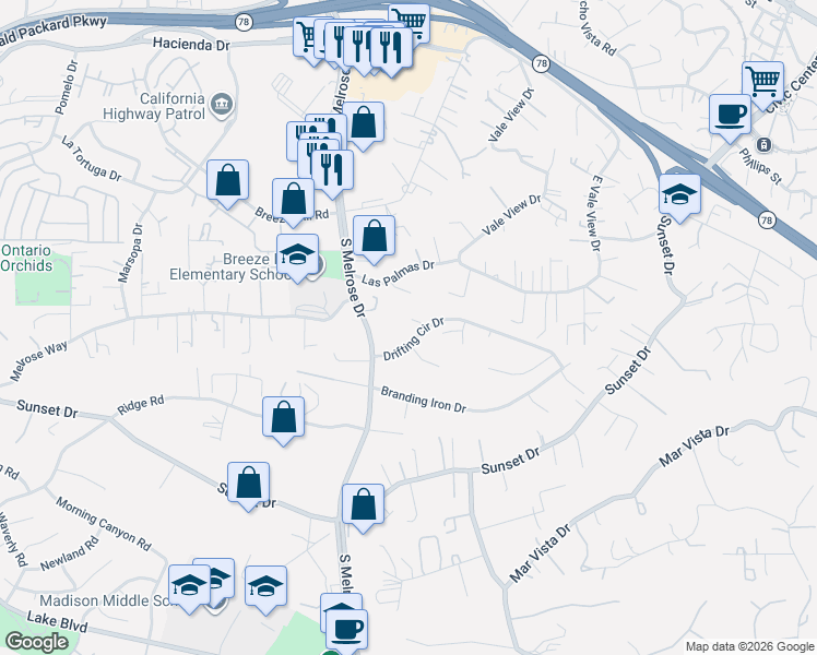 map of restaurants, bars, coffee shops, grocery stores, and more near 746 Blackhawk Circle in Vista