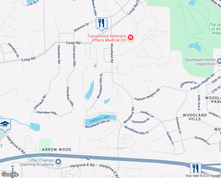map of restaurants, bars, coffee shops, grocery stores, and more near 2604 Woodland Road in Tuscaloosa
