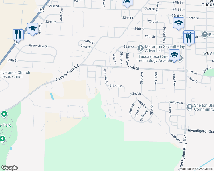 map of restaurants, bars, coffee shops, grocery stores, and more near 3098 Ozment Rd in Tuscaloosa