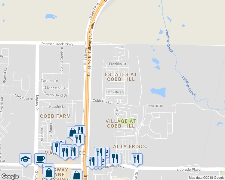 map of restaurants, bars, coffee shops, grocery stores, and more near 5770 Danville Lane in Frisco