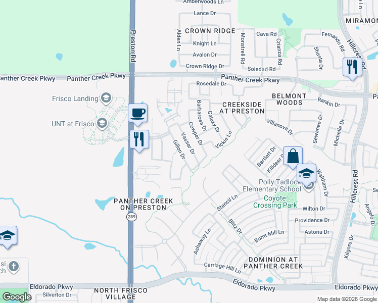 map of restaurants, bars, coffee shops, grocery stores, and more near 12851 Vassar Drive in Frisco
