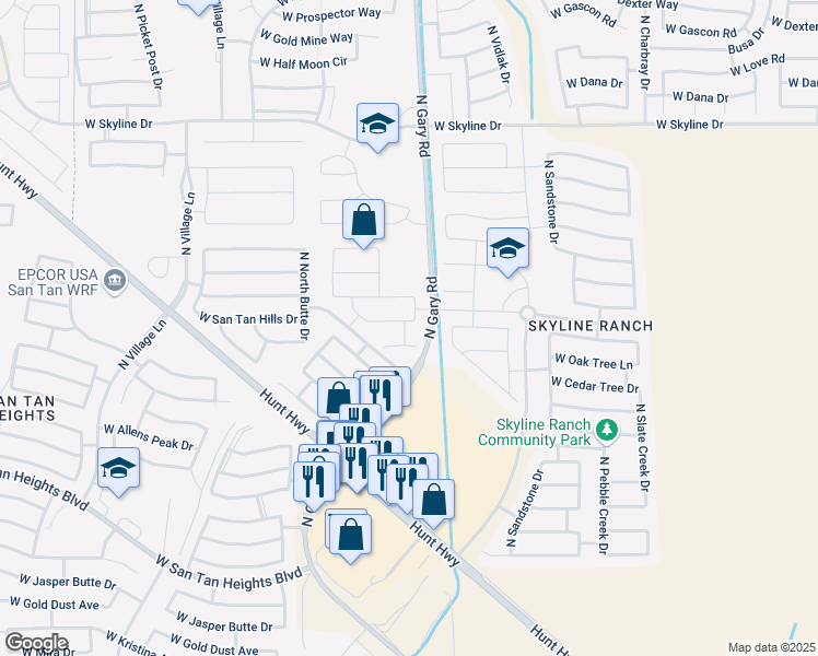 map of restaurants, bars, coffee shops, grocery stores, and more near 1510 West San Tan Hills Drive in San Tan Valley