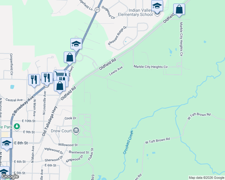 map of restaurants, bars, coffee shops, grocery stores, and more near 195 Foster Avenue in Sylacauga