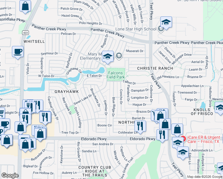 map of restaurants, bars, coffee shops, grocery stores, and more near 12762 Swan Lake Drive in Frisco