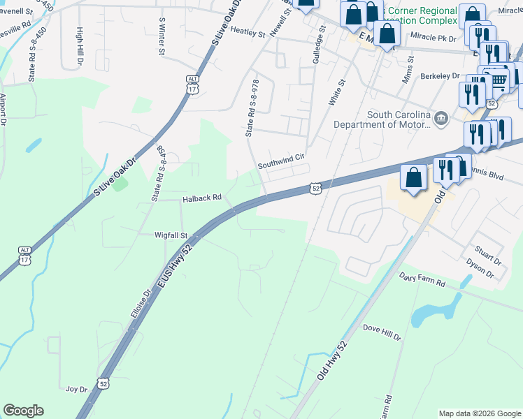 map of restaurants, bars, coffee shops, grocery stores, and more near 1170 U.S. 52 in Moncks Corner