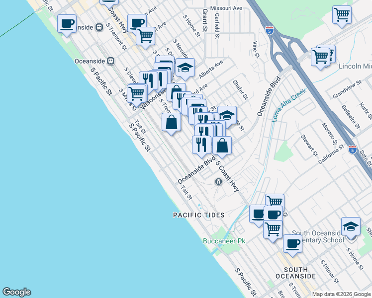 map of restaurants, bars, coffee shops, grocery stores, and more near 1108 South Cleveland Street in Oceanside