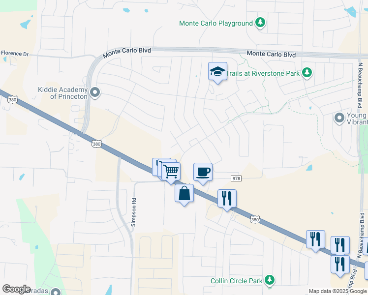 map of restaurants, bars, coffee shops, grocery stores, and more near 4000 Princeton Circle in Princeton