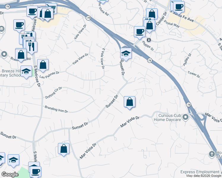 map of restaurants, bars, coffee shops, grocery stores, and more near 832 Hampton Court in Vista