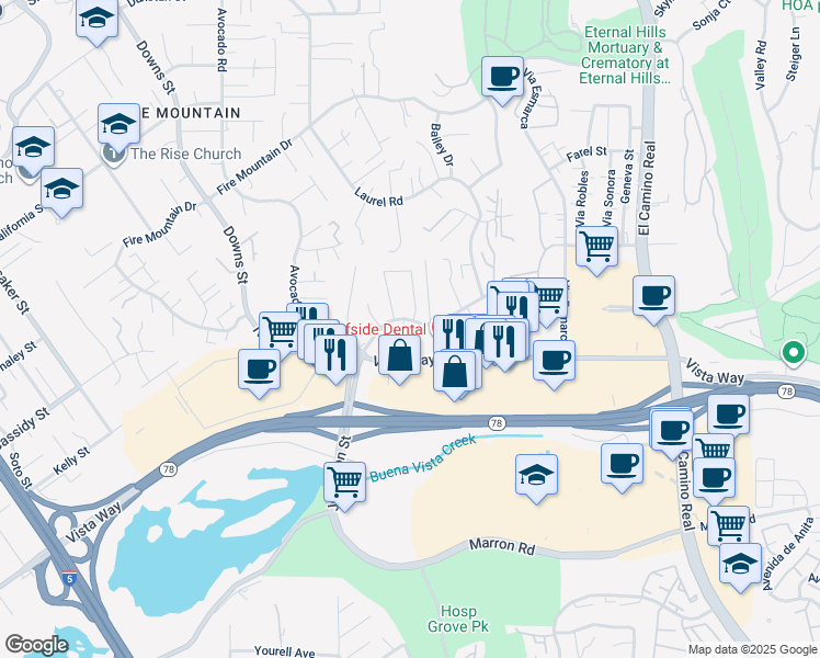 map of restaurants, bars, coffee shops, grocery stores, and more near 2335 Ivy Road in Oceanside