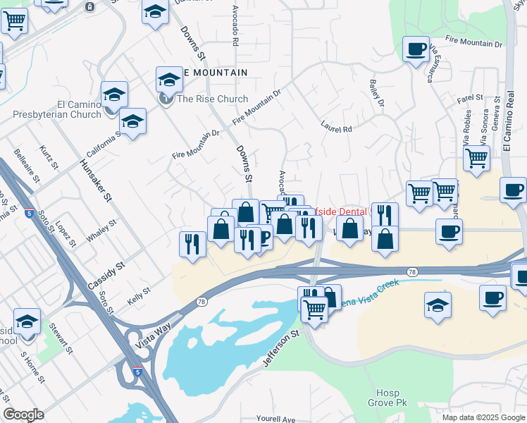 map of restaurants, bars, coffee shops, grocery stores, and more near 1852 Ivy Road in Oceanside