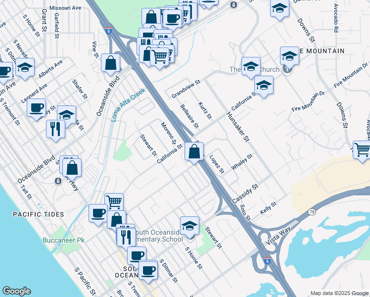 map of restaurants, bars, coffee shops, grocery stores, and more near 1478 Moreno Street in Oceanside