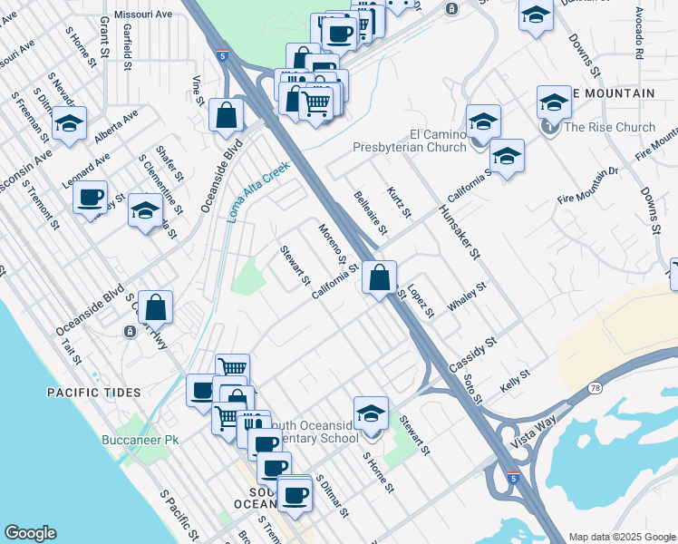 map of restaurants, bars, coffee shops, grocery stores, and more near 1478 Moreno Street in Oceanside