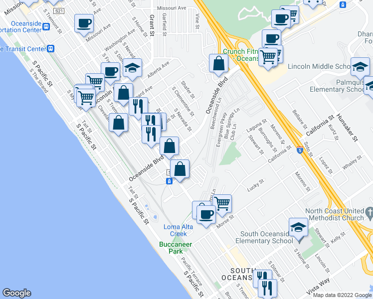 map of restaurants, bars, coffee shops, grocery stores, and more near 707 Oceanside Boulevard in Oceanside