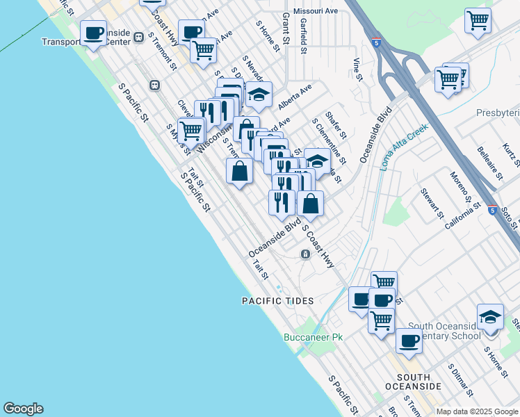 map of restaurants, bars, coffee shops, grocery stores, and more near 1046 Cleveland Street in Oceanside