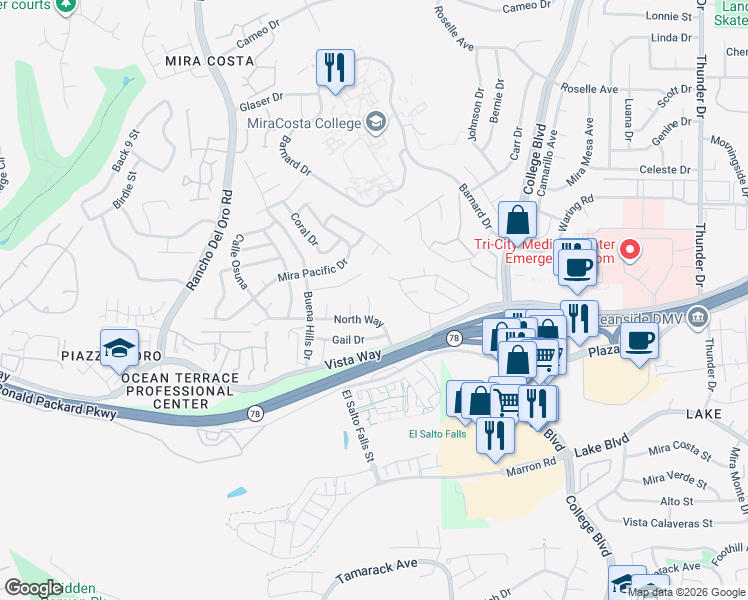 map of restaurants, bars, coffee shops, grocery stores, and more near 3274 Pearl Lane in Oceanside