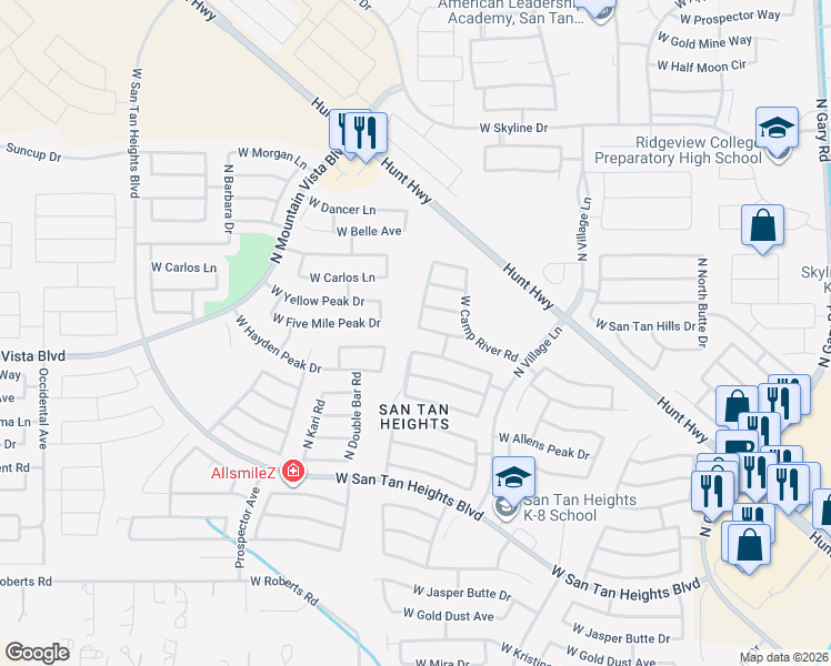 map of restaurants, bars, coffee shops, grocery stores, and more near 2876 West Five Mile Peak Drive in San Tan Valley