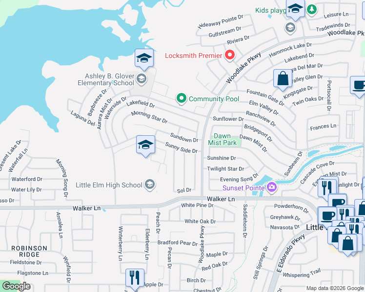 map of restaurants, bars, coffee shops, grocery stores, and more near 2054 Sundown Drive in Little Elm