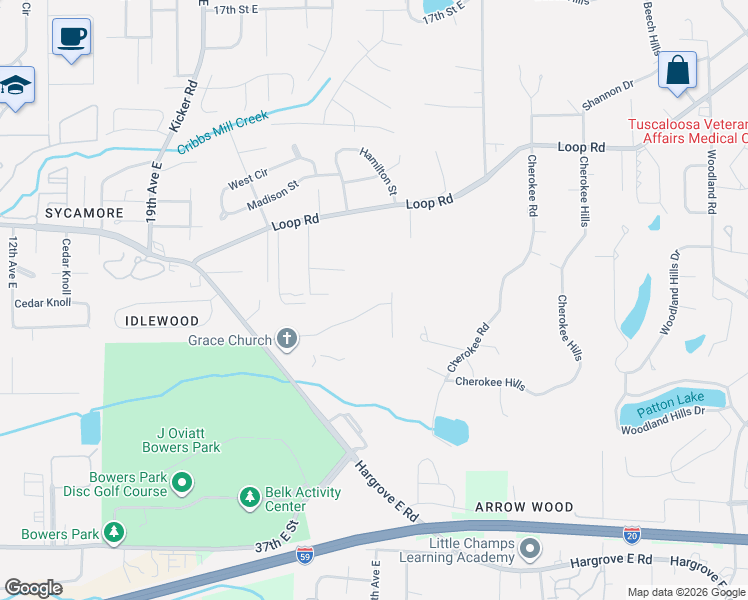 map of restaurants, bars, coffee shops, grocery stores, and more near 9 Valleyview Circle in Tuscaloosa