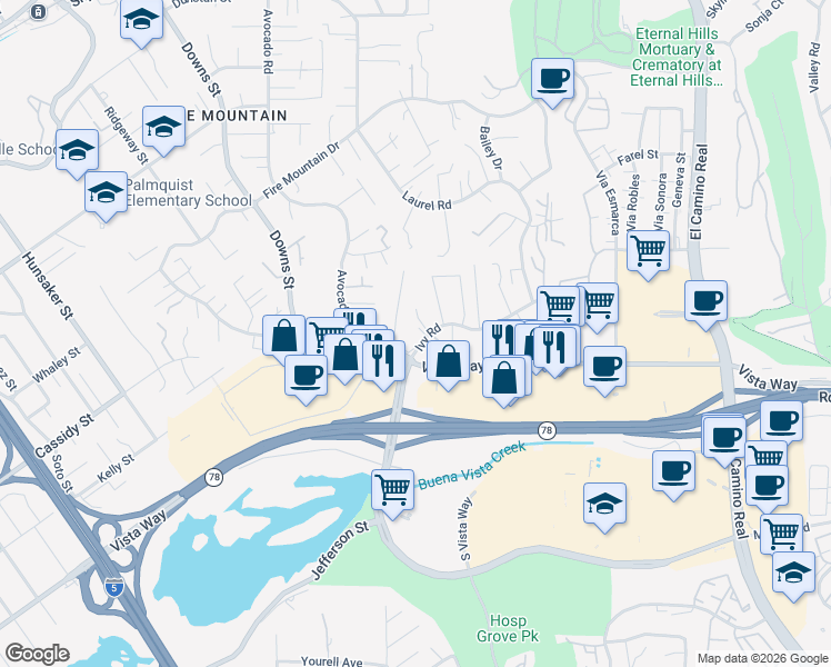 map of restaurants, bars, coffee shops, grocery stores, and more near 2260 Ivy Road in Oceanside