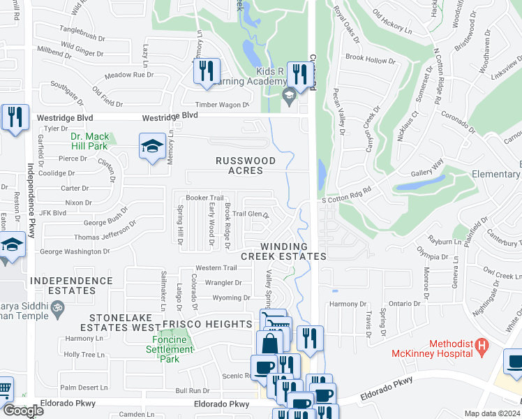 map of restaurants, bars, coffee shops, grocery stores, and more near 15910 Trail Glen Drive in Frisco