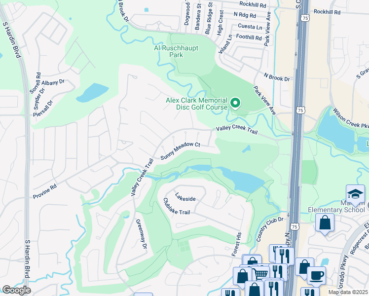 map of restaurants, bars, coffee shops, grocery stores, and more near 2601 Sunny Meadow in McKinney