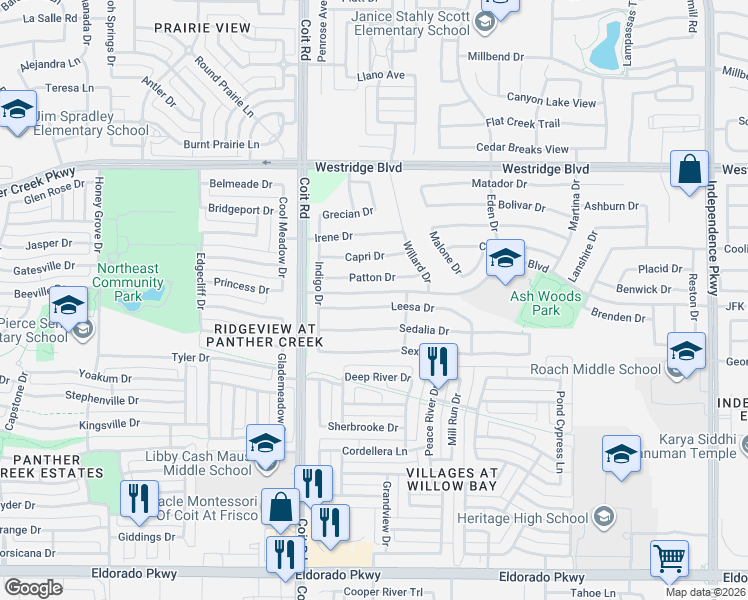 map of restaurants, bars, coffee shops, grocery stores, and more near 10832 Leesa Drive in McKinney