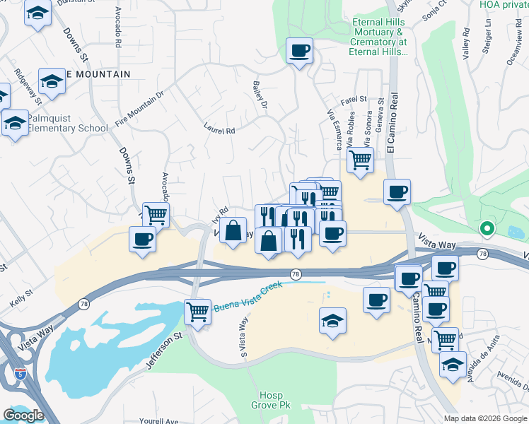 map of restaurants, bars, coffee shops, grocery stores, and more near 2397 Ivy Road in Oceanside
