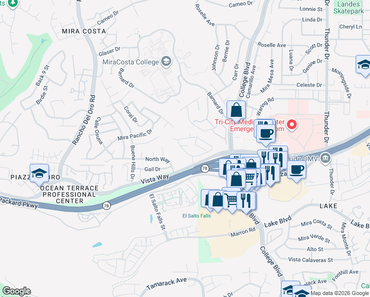 map of restaurants, bars, coffee shops, grocery stores, and more near 3702 Harvard Drive in Oceanside