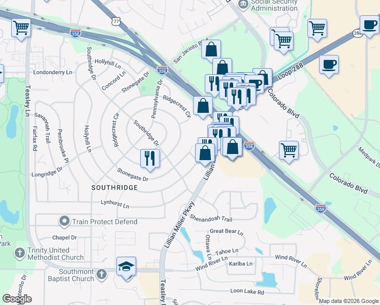 map of restaurants, bars, coffee shops, grocery stores, and more near 3065 Hollyhill Lane in Denton