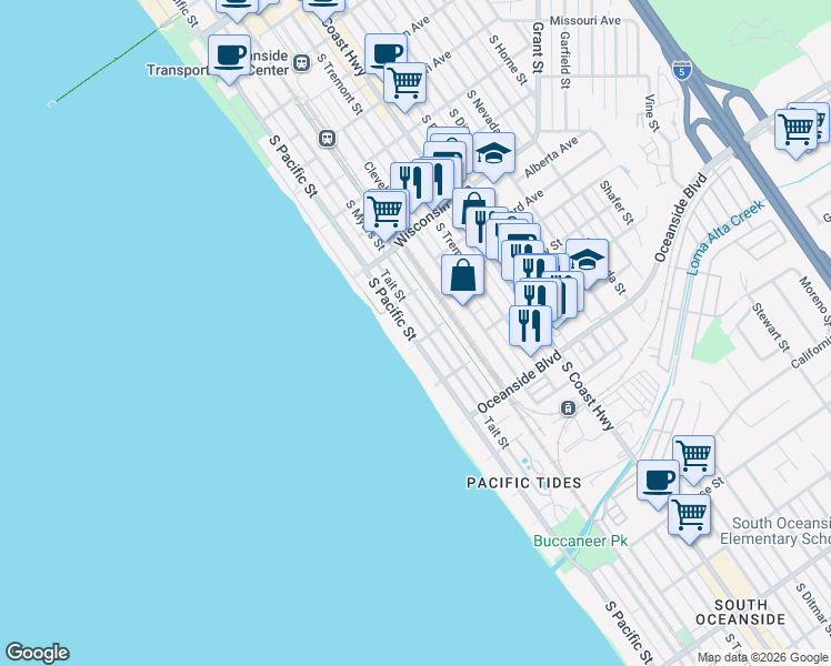 map of restaurants, bars, coffee shops, grocery stores, and more near 936 South Pacific Street in Oceanside