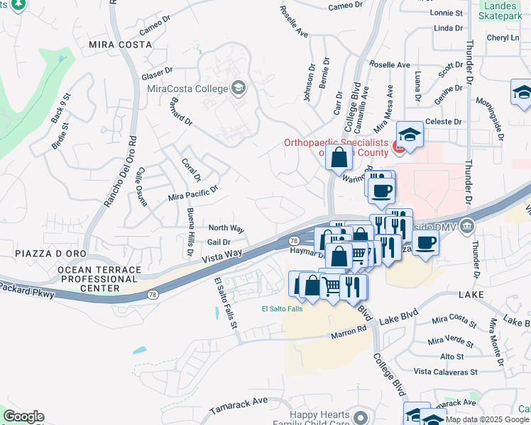 map of restaurants, bars, coffee shops, grocery stores, and more near 3688 Harvard Drive in Oceanside