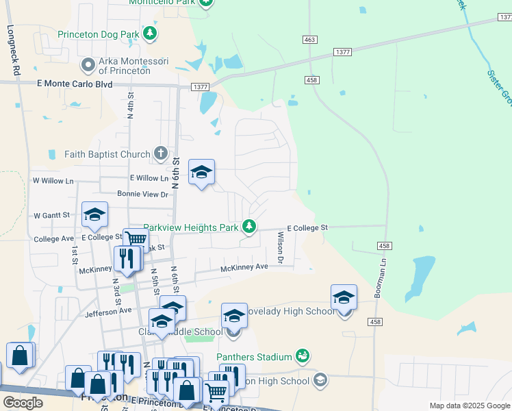 map of restaurants, bars, coffee shops, grocery stores, and more near 1003 Dye Boulevard in Princeton