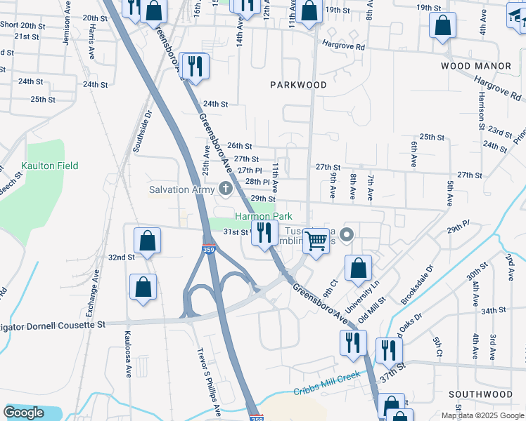 map of restaurants, bars, coffee shops, grocery stores, and more near 2901 Greensboro Avenue in Tuscaloosa