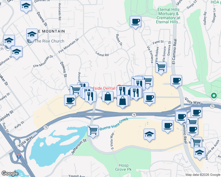 map of restaurants, bars, coffee shops, grocery stores, and more near 2335 Ivy Road in Oceanside