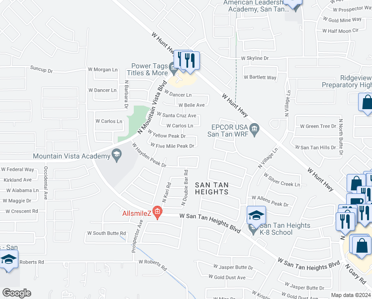 map of restaurants, bars, coffee shops, grocery stores, and more near 3131 West 5 Mile Peak Drive in Queen Creek