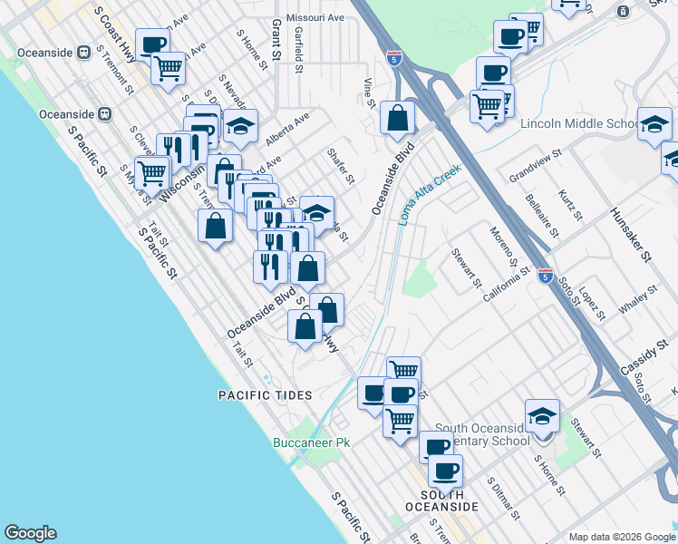 map of restaurants, bars, coffee shops, grocery stores, and more near 707 Oceanside Boulevard in Oceanside