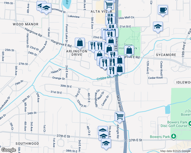 map of restaurants, bars, coffee shops, grocery stores, and more near 2700 McFarland Boulevard East in Tuscaloosa