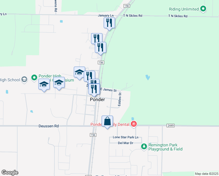 map of restaurants, bars, coffee shops, grocery stores, and more near 104 East James Street in Ponder