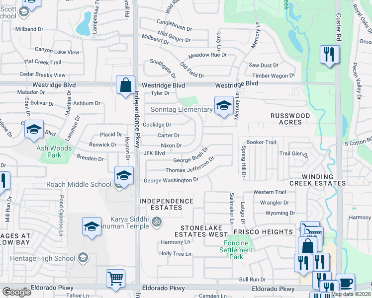 map of restaurants, bars, coffee shops, grocery stores, and more near 9721 Nixon Drive in McKinney