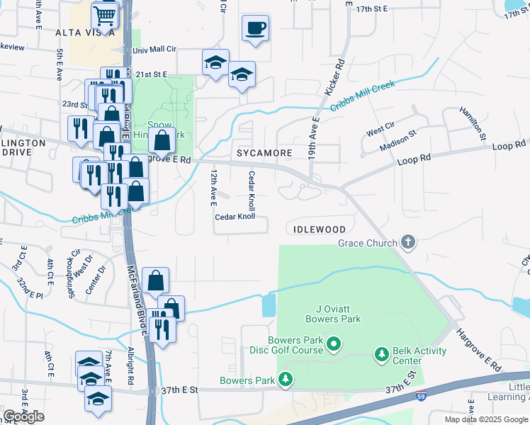 map of restaurants, bars, coffee shops, grocery stores, and more near 17 Cedar Knoll in Tuscaloosa