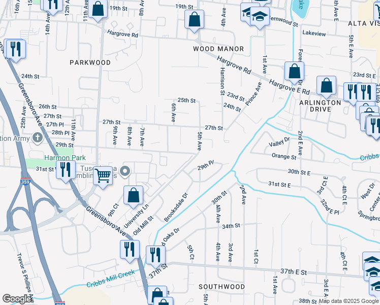 map of restaurants, bars, coffee shops, grocery stores, and more near 200 University Lane in Tuscaloosa