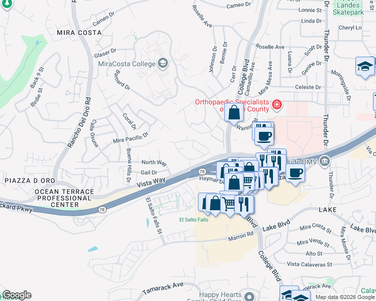 map of restaurants, bars, coffee shops, grocery stores, and more near 3702 Harvard Drive in Oceanside