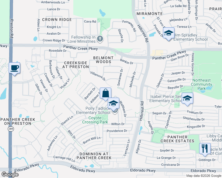 map of restaurants, bars, coffee shops, grocery stores, and more near 10647 Villanova Drive in Frisco