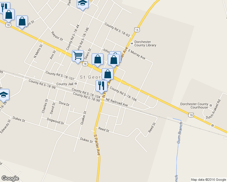 map of restaurants, bars, coffee shops, grocery stores, and more near 102 East George Street in Saint George