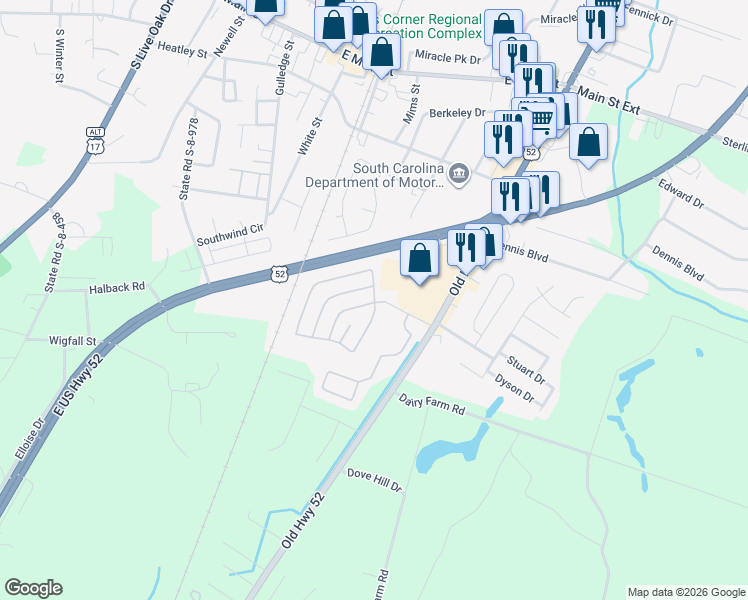 map of restaurants, bars, coffee shops, grocery stores, and more near 429 Birchwood Drive in Moncks Corner