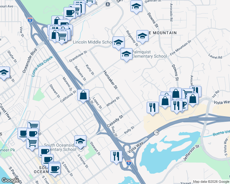map of restaurants, bars, coffee shops, grocery stores, and more near 1645 Hunsaker Street in Oceanside
